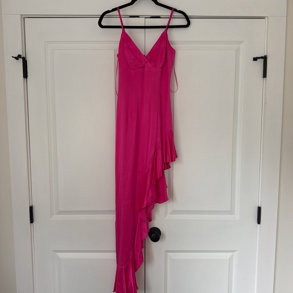 Bardot Hot Pink Asymmetric Ruffle Slip Dress